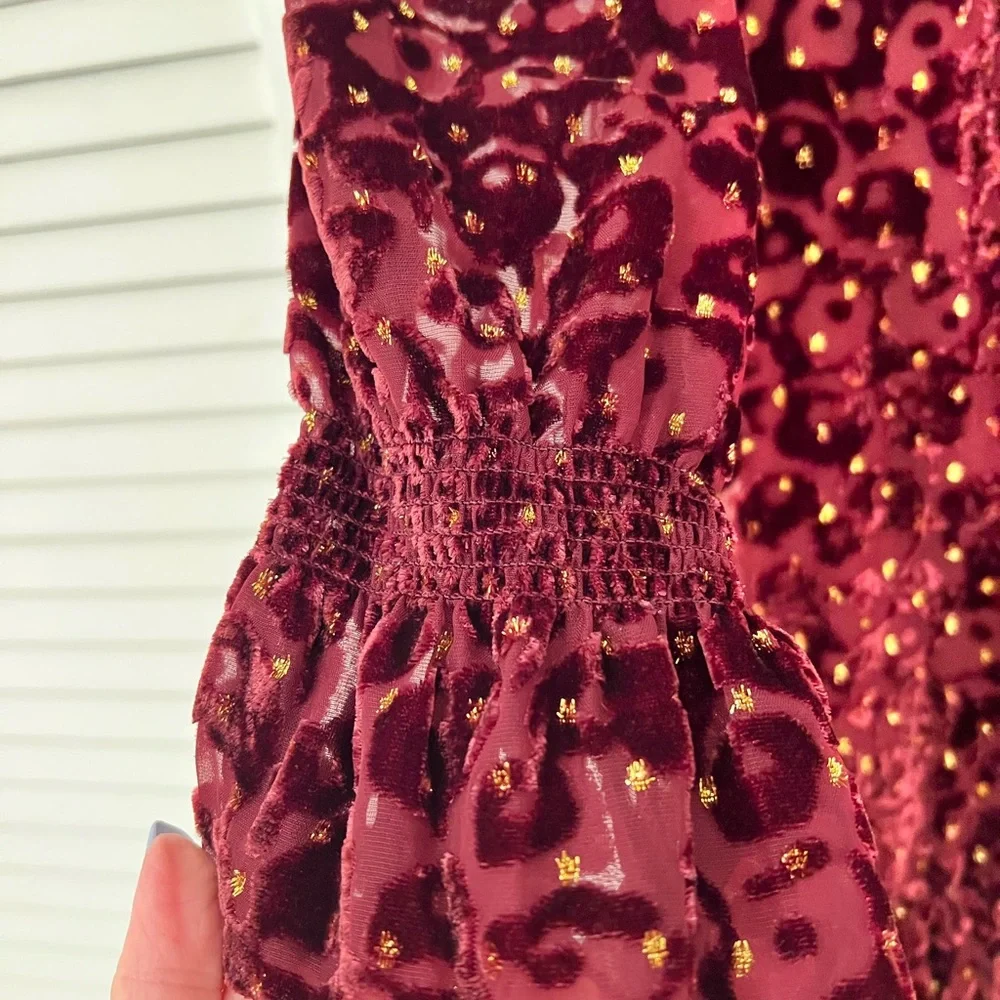 Alex Marie Dress NWT Gabby Burgundy & Gold Burnout Long Sleeves Lined STUNNING! - Picture 5 of 10